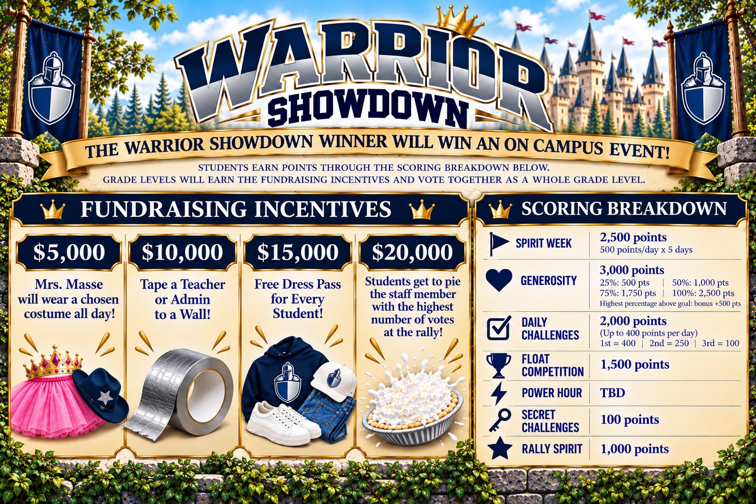 Warrior Showdown graphic: the winning middle school grade wins an on-campus event. Shows the four fundraising incentives and the scoring breakdown listed on this page.